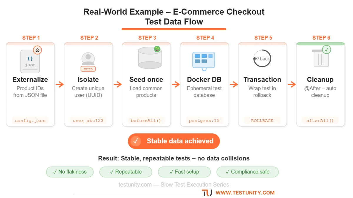 Horizontal workflow for e‑commerce checkout test data: Externalize (product IDs from JSON) → Isolate (create unique user with UUID) → Seed once (load common products) → Docker DB (ephemeral database) → Transaction (wrap test in rollback) → Cleanup (@After auto cleanup). Orange ‘Stable data’ badge at end.