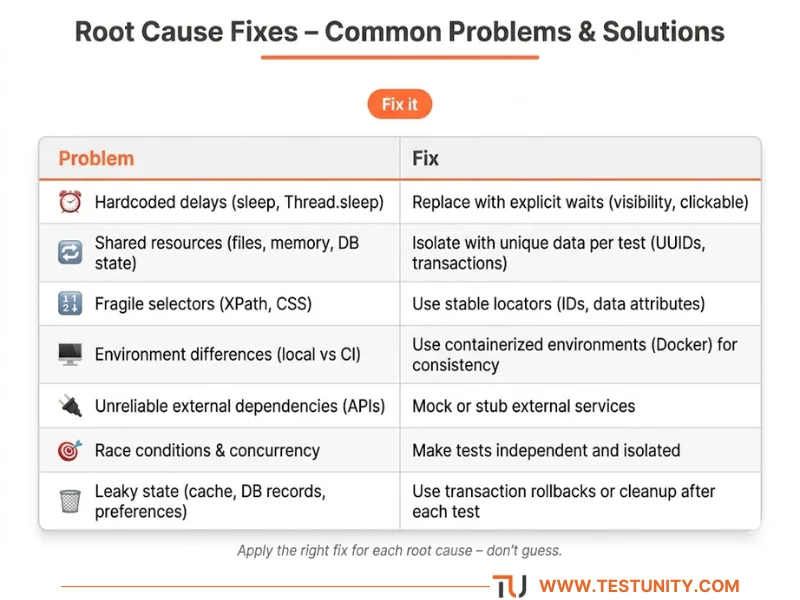Table of flaky test problems and fixes. Hardcoded delays → explicit waits. Shared resources → isolate with unique data. Fragile selectors → use stable locators. Environment differences → use Docker. Unreliable external dependencies → mock or stub. Race conditions → make tests independent. Leaky state → transaction rollbacks. Orange ‘Fix it’ badge.