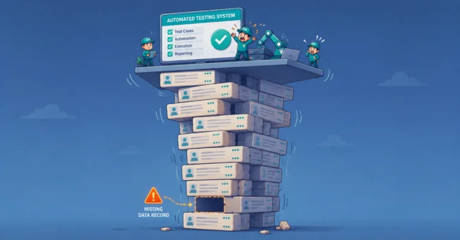 Humorous illustration of a software testing system built on unstable test data blocks, showing how poor test data can cause repeated test failures.
