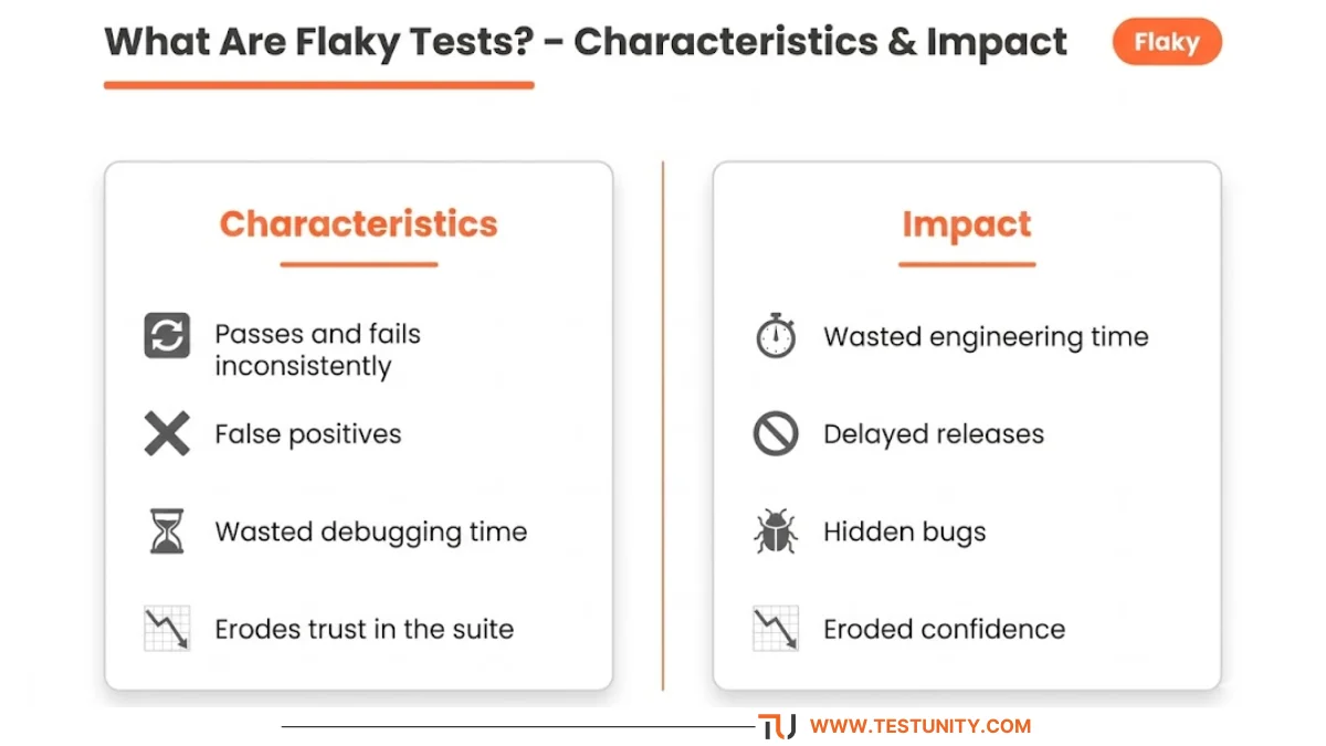 Two‑column card: Characteristics – passes and fails inconsistently, false positives, wasted debugging time, erodes trust. Impact – wasted engineering time, delayed releases, hidden bugs, eroded confidence. Orange ‘Flaky’ badge.