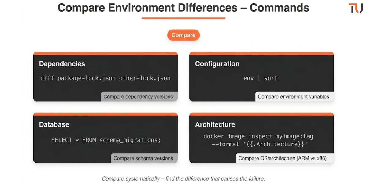 Command cheat sheet to compare environments: Dependencies – diff package-lock.json other-lock.json; Configuration – env | sort; Database – SELECT * FROM schema_migrations; Architecture – docker image inspect --format ‘{{.Architecture}}’. Orange ‘Compare’ badge.