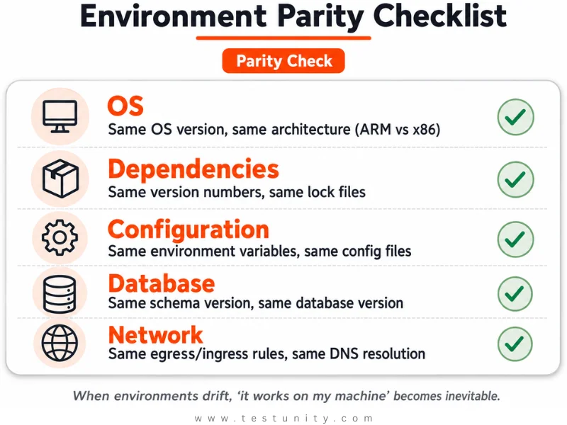 Environment parity checklist: OS – same version and architecture. Dependencies – same versions and lock files. Configuration – same env vars and config files. Database – same schema and version. Network – same egress/ingress and DNS. Orange dimension names and orange ‘Parity Check’ badge.
