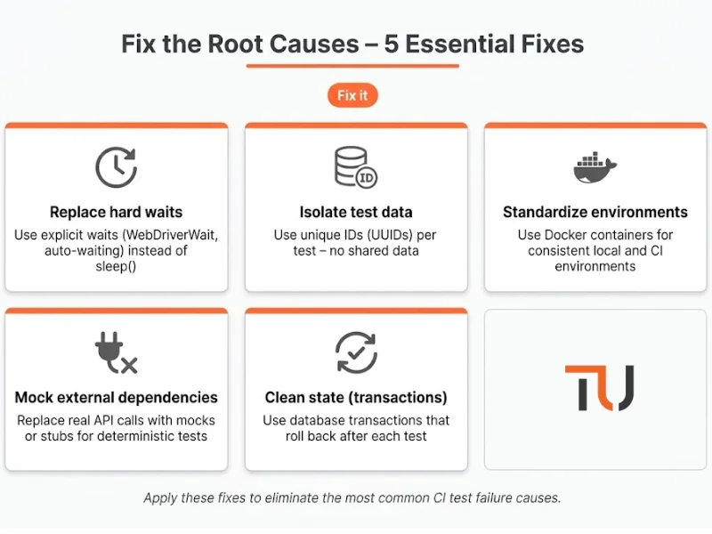 Grid of five essential fixes: Replace hard waits (explicit waits), Isolate test data (unique IDs), Standardize environments (Docker), Mock external dependencies, Clean state (transactions). Orange top borders and orange ‘Fix it’ badge.