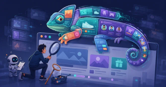Premium flat-vector illustration of a digital chameleon camouflaged as website content while a QA engineer tries to inspect its constantly changing interface with a magnifying glass.