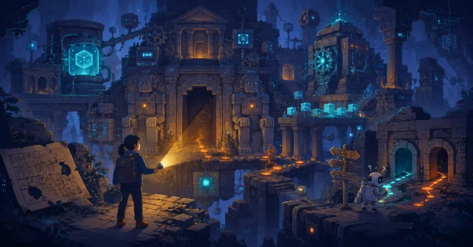 Flat-vector illustration of a QA engineer exploring an ancient temple-like legacy software system with no existing tests, searching for hidden pathways and discovering new test coverage.