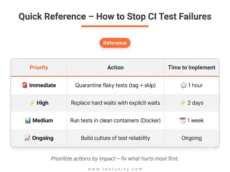 Priority table for stopping CI test failures. Immediate: quarantine flaky tests (1 hour), configure fail‑fast (2 hours). High: replace hard waits (2 days), isolate test data (2 days), mock dependencies (3 days). Medium: Docker containers (1 week), flaky detection (1 week). Ongoing: build culture. Orange ‘Reference’ badge.