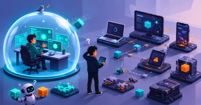 Humorous flat-vector illustration of a developer working inside a perfect isolated environment while a QA engineer struggles with the same application failing across multiple testing environments outside the protective bubble.