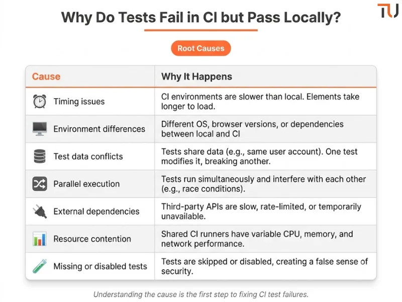 Root cause table for CI test failures. Timing issues – CI slower than local. Environment differences – different OS/browser versions. Test data conflicts – shared data. Parallel execution – interference. External dependencies – API delays. Resource contention – variable performance. Missing/disabled tests – false sense of security. Orange ‘Root Causes’ badge.