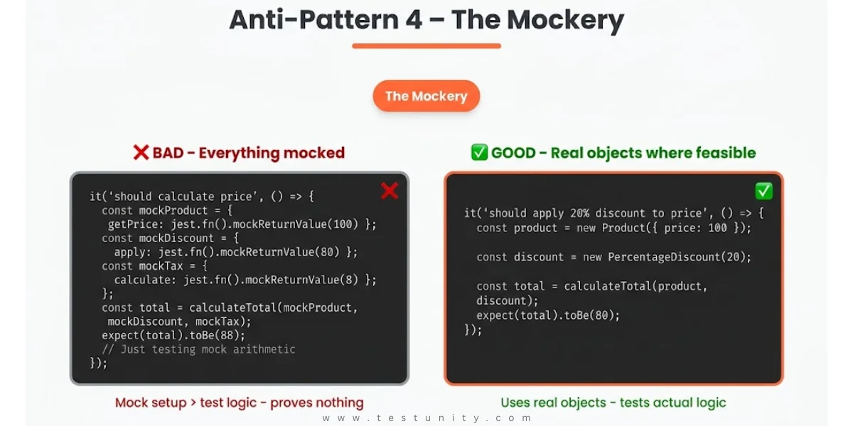 The Mockery anti-pattern: BAD test mocks every collaborator (Product, Discount, Tax) – mock setup takes more lines than test logic. GOOD test uses real objects (new Product, new PercentageDiscount) – tests actual business logic. Orange right panel border and orange ‘The Mockery’ badge.