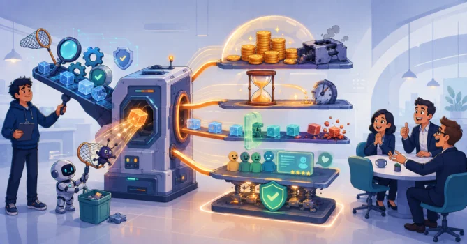 Witty flat-vector illustration of a QA engineer using a futuristic machine to transform software testing activities into measurable business value such as money saved, time saved, fewer incidents, customer confidence, and reduced risk.