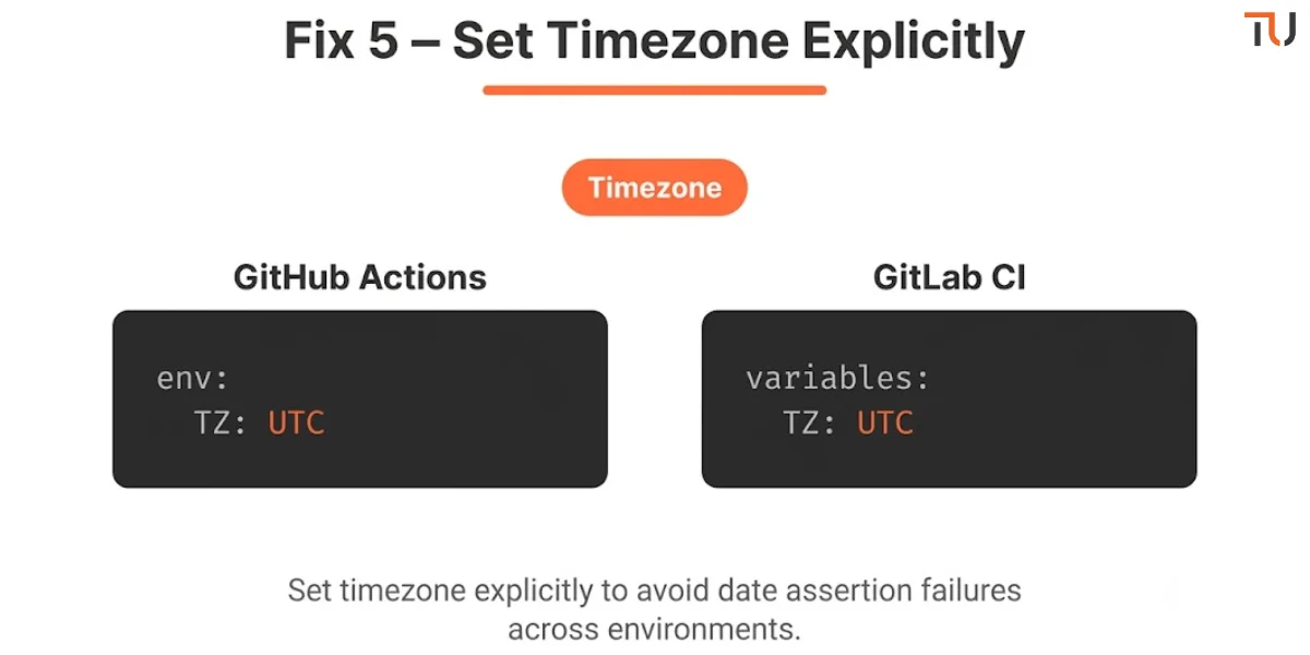 Two code snippets: GitHub Actions – env: TZ: UTC; GitLab CI – variables: TZ: UTC. Orange TZ setting text and orange ‘Timezone’ badge.