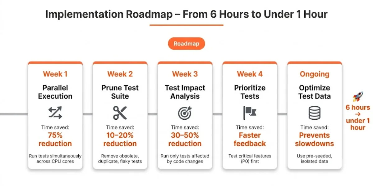Horizontal timeline roadmap: Week 1 – Parallel Execution (75% reduction); Week 2 – Prune Test Suite (10–20%); Week 3 – Test Impact Analysis (30–50%); Week 4 – Prioritize Tests (faster feedback); Ongoing – Optimize Test Data (prevents slowdowns). Result: 6 hours → under 1 hour. Orange phase headers and orange ‘Roadmap’ badge.