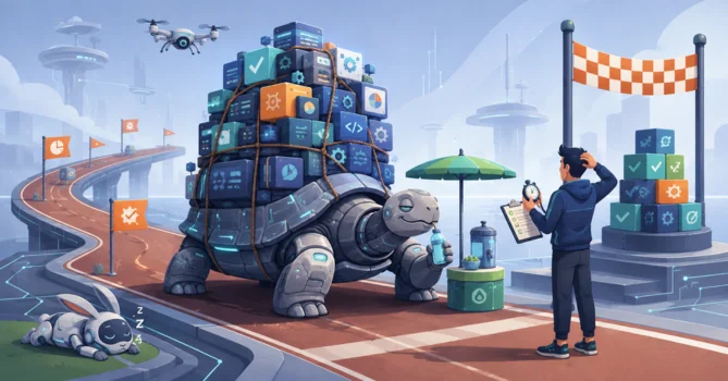 Premium flat-vector illustration of an overloaded robotic tortoise carrying a massive regression test suite through a digital marathon while a QA engineer waits impatiently at the finish line.