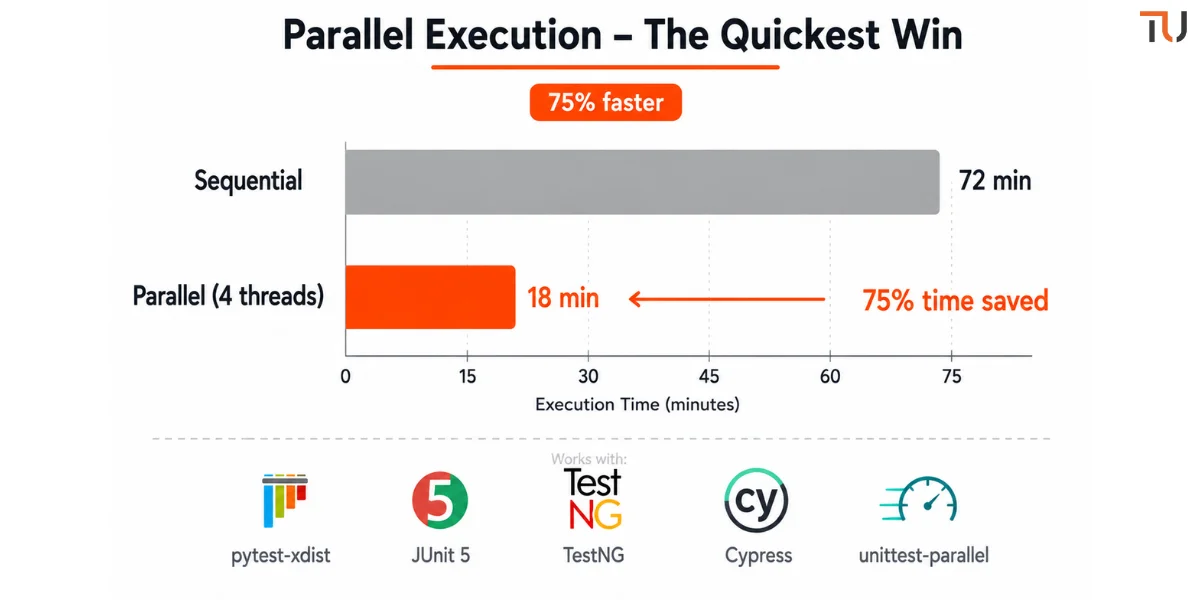 Bar chart comparing sequential vs parallel test execution. Sequential: 72 minutes (grey bar). Parallel (4 threads): 18 minutes (orange bar). 75% time saved. Works with pytest-xdist, JUnit 5, TestNG, Cypress, unittest-parallel.