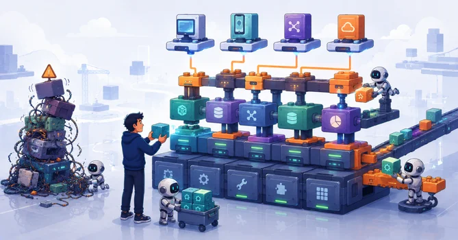 Witty flat-vector illustration of a QA engineer building a modular test automation architecture that expands cleanly with reusable components, contrasted with a small unstable and tangled framework.