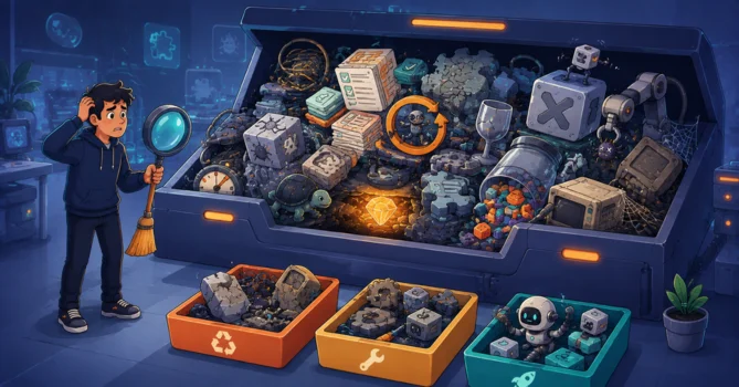 Witty flat-vector illustration of a QA engineer discovering an overflowing testing toolbox filled with tangled, duplicated, broken, and outdated test components, representing common test suite anti-patterns.