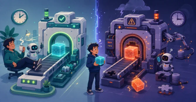 Witty flat-vector illustration showing the same software test passing smoothly in a developer's local environment but getting stuck and failing in a different CI environment. tests pass locally but fail in CI.
