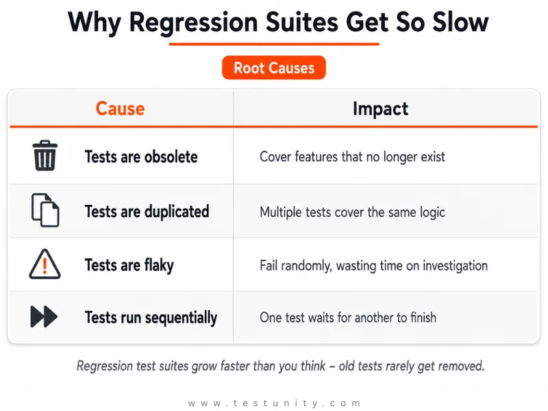 Root cause table: Tests are obsolete – cover features that no longer exist. Tests are duplicated – multiple tests cover same logic. Tests are flaky – fail randomly, waste investigation time. Tests run sequentially – one test waits for another. Orange ‘Root Causes’ badge.