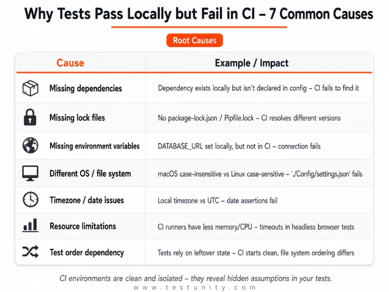 Root cause table: Missing dependencies – dependency exists locally but not declared. Missing lock files – CI resolves different versions. Missing environment variables – not set in CI. Different OS – case sensitivity. Timezone issues – date assertion failures. Resource limitations – timeouts. Test order dependency – tests rely on leftover state. Orange ‘Root Causes’ badge.