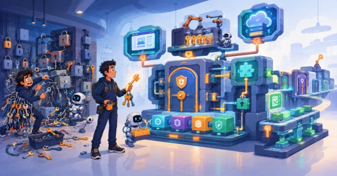 Witty flat-vector illustration of a QA engineer using specialized master keys in a futuristic software locksmith workshop, representing reusable design patterns such as Page Object, Factory, and Facade for organizing test automation.